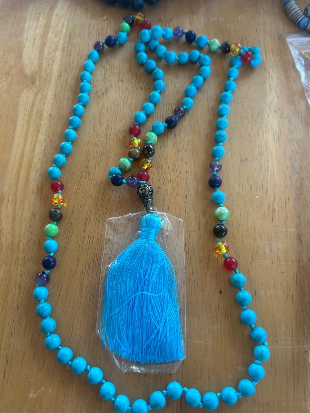 Boho Turquoise Beaded Necklace with Bright Tassel